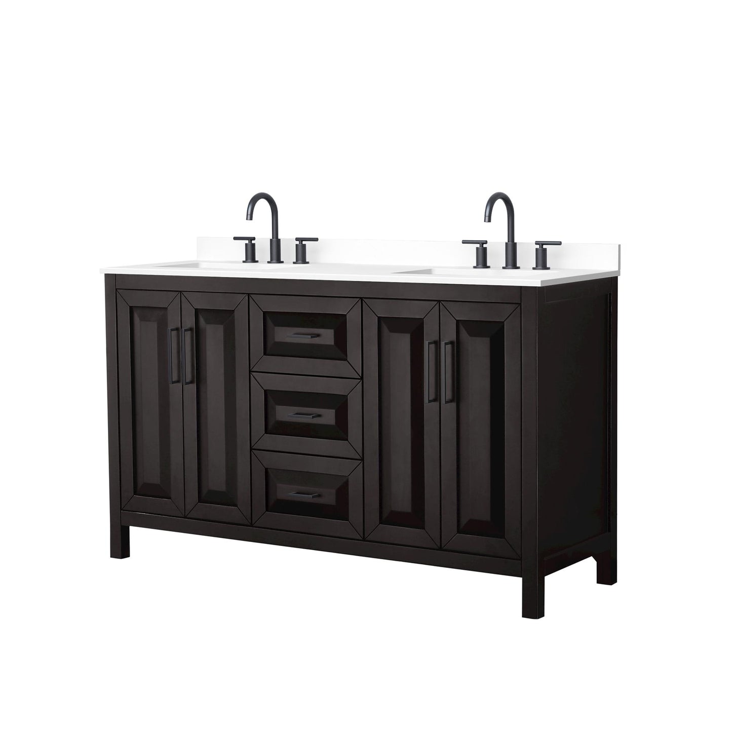 Wyndham Collection Daria 60" Double Bathroom Vanity in Dark Espresso, White Cultured Marble Countertop, Undermount Square Sinks (3-Hole), Matte Black Trim