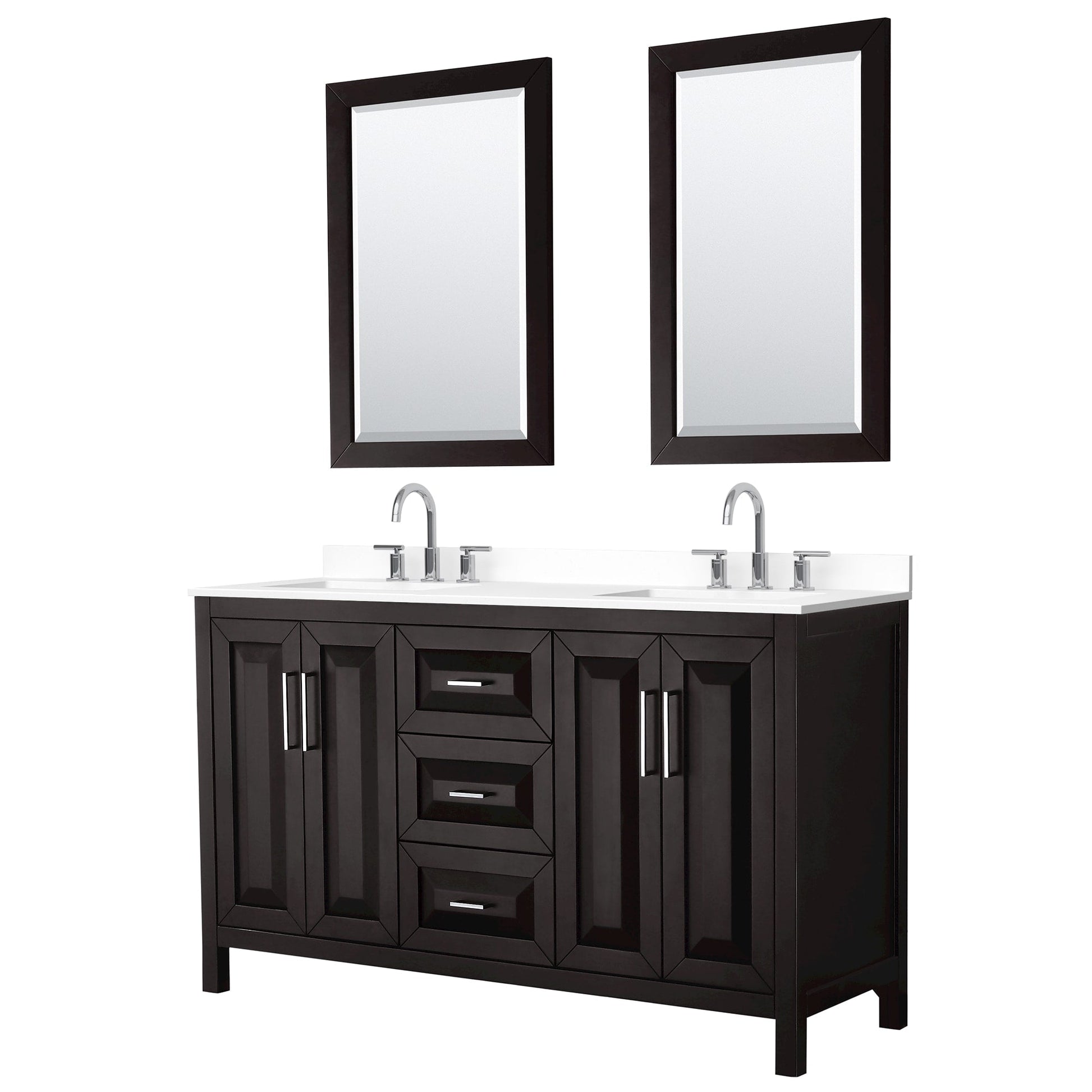 Wyndham Collection Daria 60" Double Bathroom Vanity in Dark Espresso, White Cultured Marble Countertop, Undermount Square Sinks (3-Hole), Polished Chrome Trim, 24" Mirrors