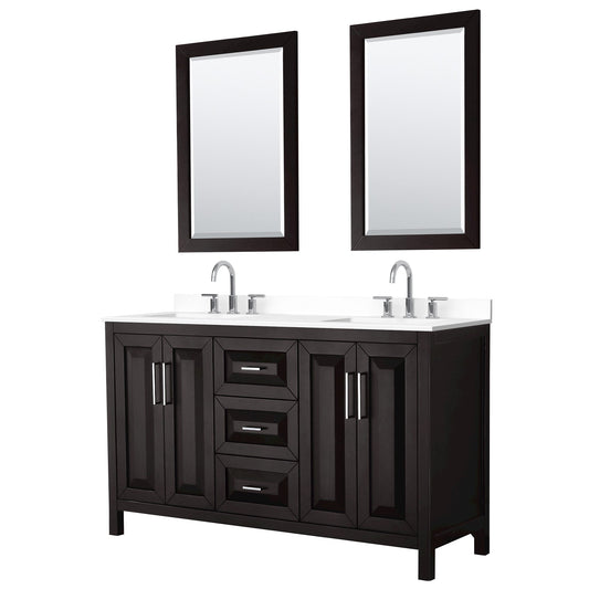 Wyndham Collection Daria 60" Double Bathroom Vanity in Dark Espresso, White Cultured Marble Countertop, Undermount Square Sinks (3-Hole), Polished Chrome Trim, 24" Mirrors