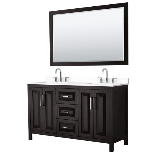 Wyndham Collection Daria 60" Double Bathroom Vanity in Dark Espresso, White Cultured Marble Countertop, Undermount Square Sinks (3-Hole), Polished Chrome Trim, 58" Mirror