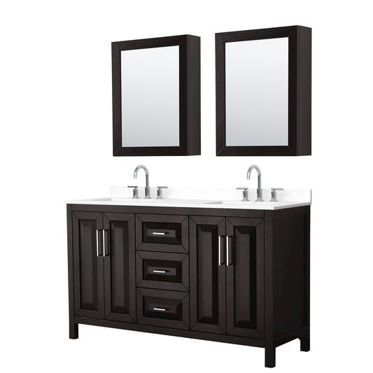 Wyndham Collection Daria 60" Double Bathroom Vanity in Dark Espresso, White Cultured Marble Countertop, Undermount Square Sinks (3-Hole), Polished Chrome Trim, Medicine Cabinets