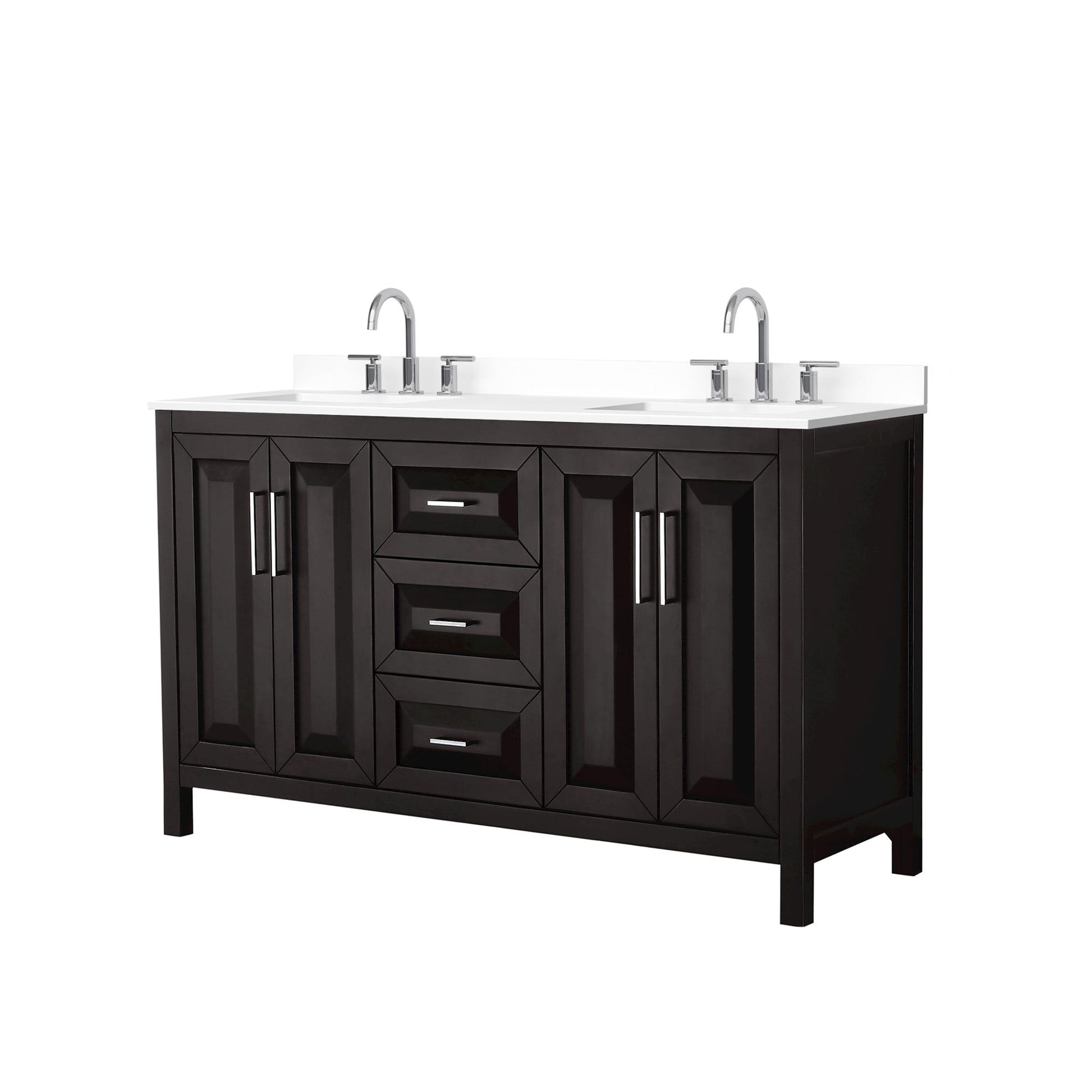Wyndham Collection Daria 60" Double Bathroom Vanity in Dark Espresso, White Cultured Marble Countertop, Undermount Square Sinks (3-Hole), Polished Chrome Trim