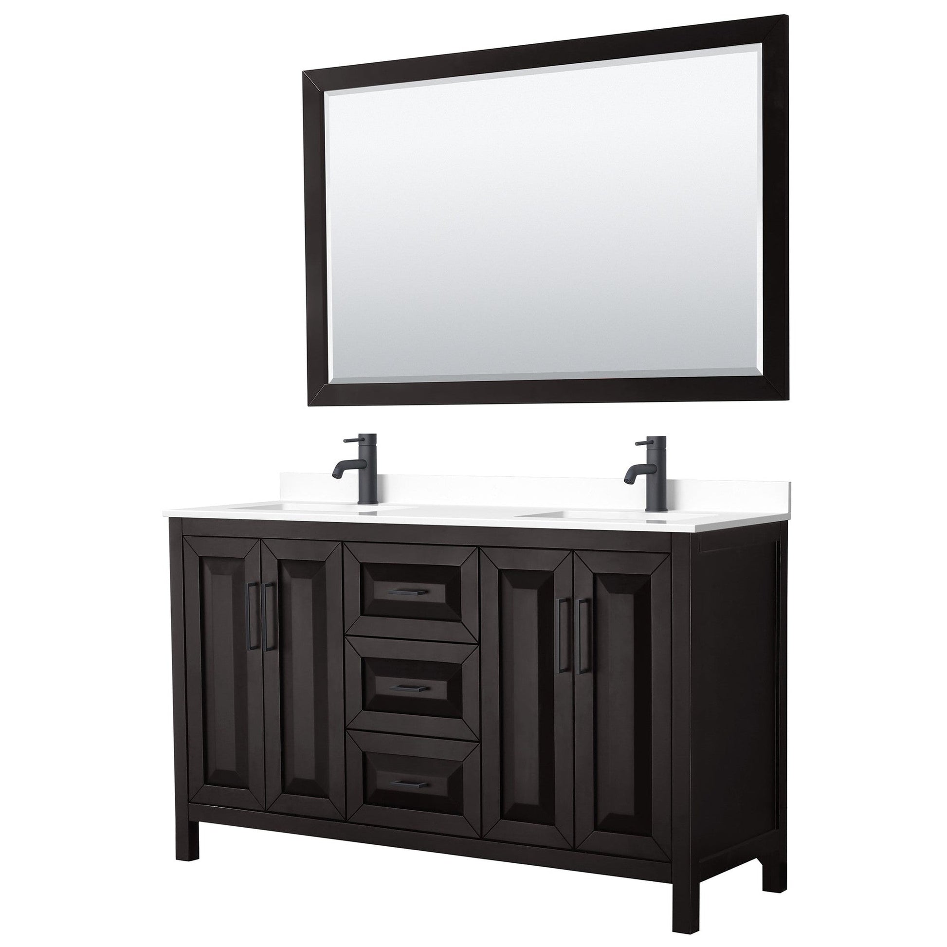 Wyndham Collection Daria 60" Double Bathroom Vanity in Dark Espresso, White Cultured Marble Countertop, Undermount Square Sinks, Matte Black Trim, 58" Mirror