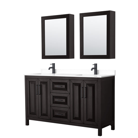 Wyndham Collection Daria 60" Double Bathroom Vanity in Dark Espresso, White Cultured Marble Countertop, Undermount Square Sinks, Matte Black Trim, Medicine Cabinets