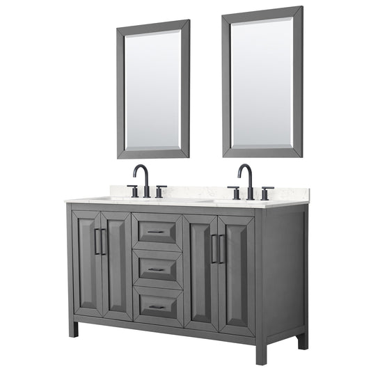 Wyndham Collection Daria 60" Double Bathroom Vanity in Dark Gray, Carrara Cultured Marble Countertop, Undermount Square Sinks (3-Hole), Matte Black Trim, 24" Mirrors