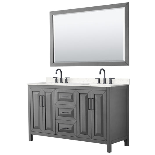 Wyndham Collection Daria 60" Double Bathroom Vanity in Dark Gray, Carrara Cultured Marble Countertop, Undermount Square Sinks (3-Hole), Matte Black Trim, 58" Mirror