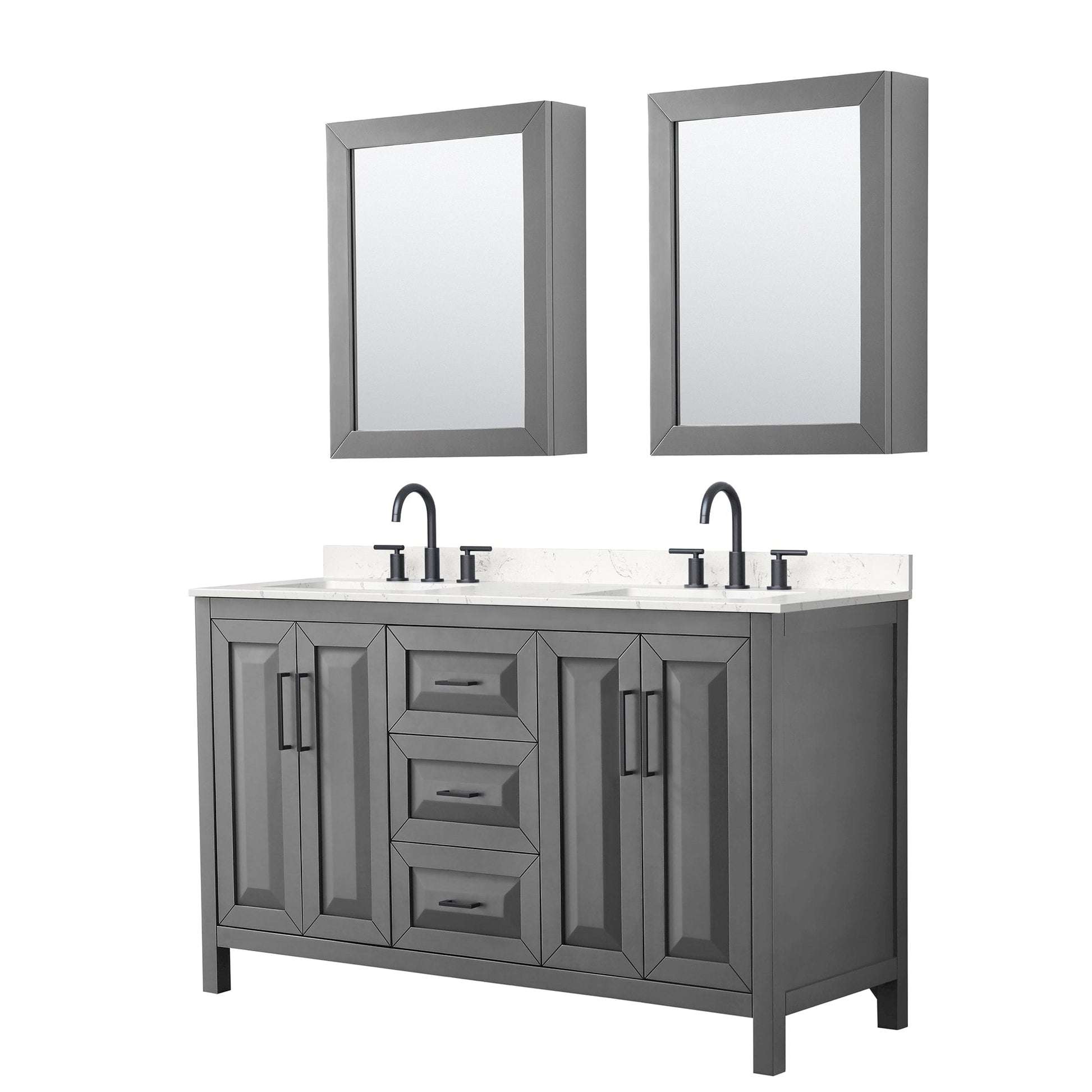 Wyndham Collection Daria 60" Double Bathroom Vanity in Dark Gray, Carrara Cultured Marble Countertop, Undermount Square Sinks (3-Hole), Matte Black Trim, Medicine Cabinets