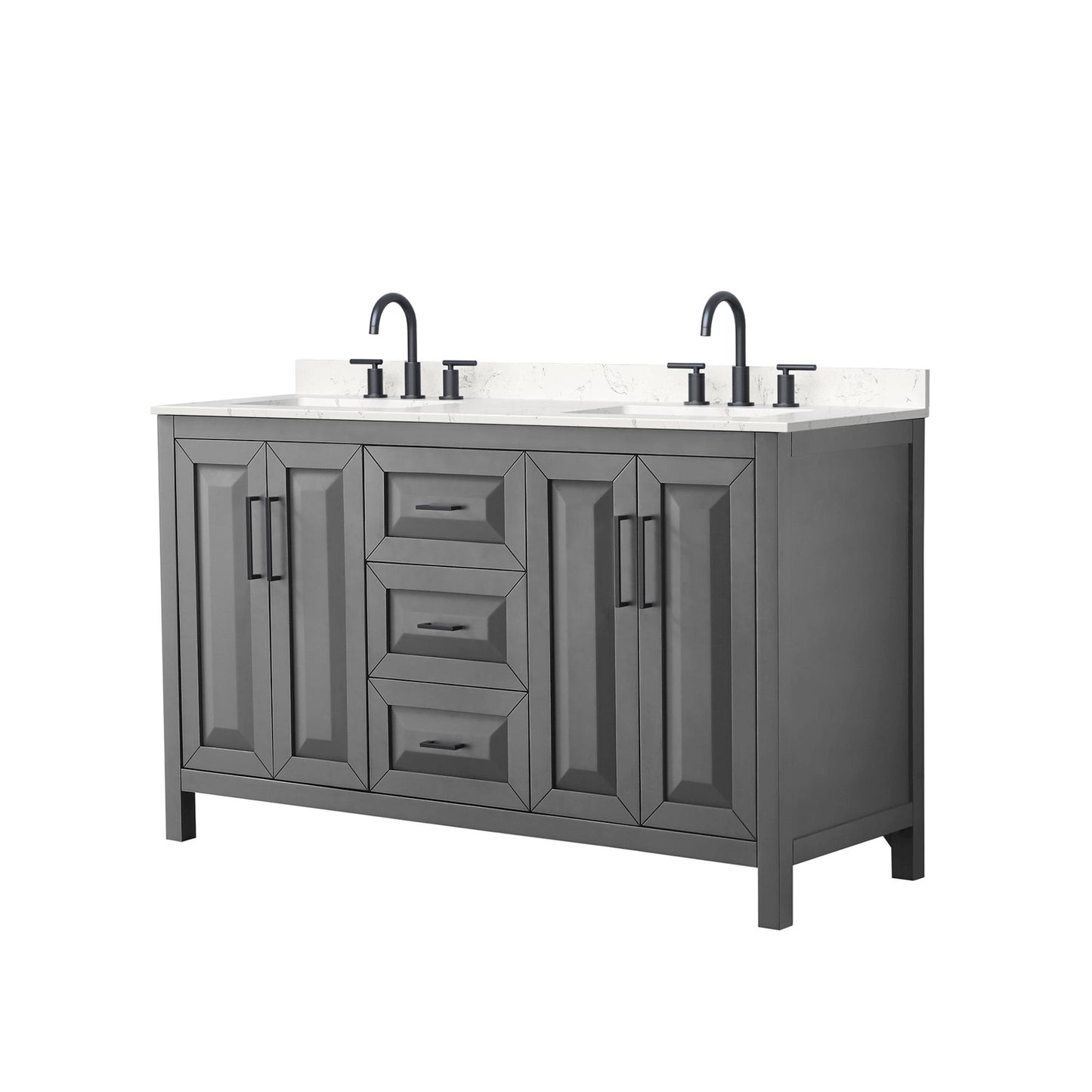 Wyndham Collection Daria 60" Double Bathroom Vanity in Dark Gray, Carrara Cultured Marble Countertop, Undermount Square Sinks (3-Hole), Matte Black Trim