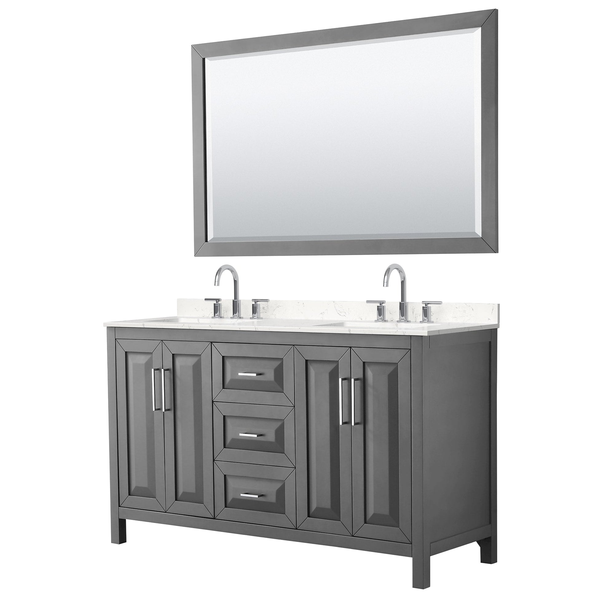 Wyndham Collection Daria 60" Double Bathroom Vanity in Dark Gray, Carrara Cultured Marble Countertop, Undermount Square Sinks (3-Hole), Polished Chrome Trim, 58" Mirror