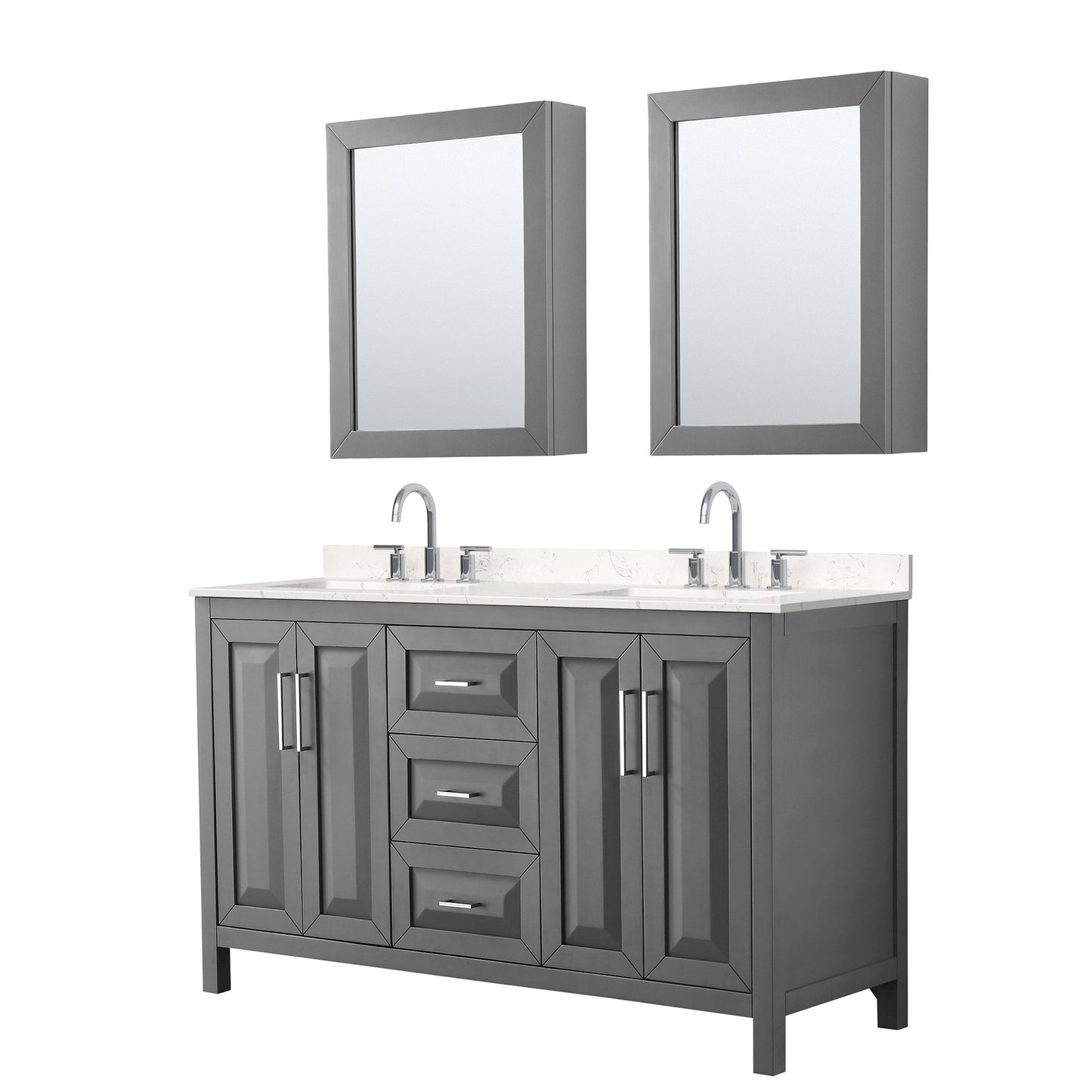 Wyndham Collection Daria 60" Double Bathroom Vanity in Dark Gray, Carrara Cultured Marble Countertop, Undermount Square Sinks (3-Hole), Polished Chrome Trim, Medicine Cabinets