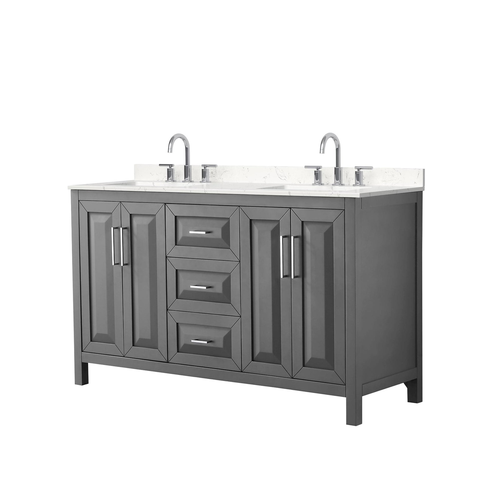Wyndham Collection Daria 60" Double Bathroom Vanity in Dark Gray, Carrara Cultured Marble Countertop, Undermount Square Sinks (3-Hole), Polished Chrome Trim