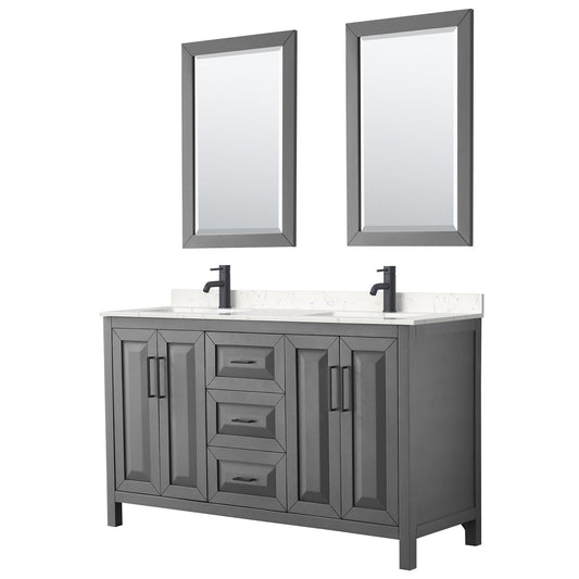 Wyndham Collection Daria 60" Double Bathroom Vanity in Dark Gray, Carrara Cultured Marble Countertop, Undermount Square Sinks, Matte Black Trim, 24" Mirrors