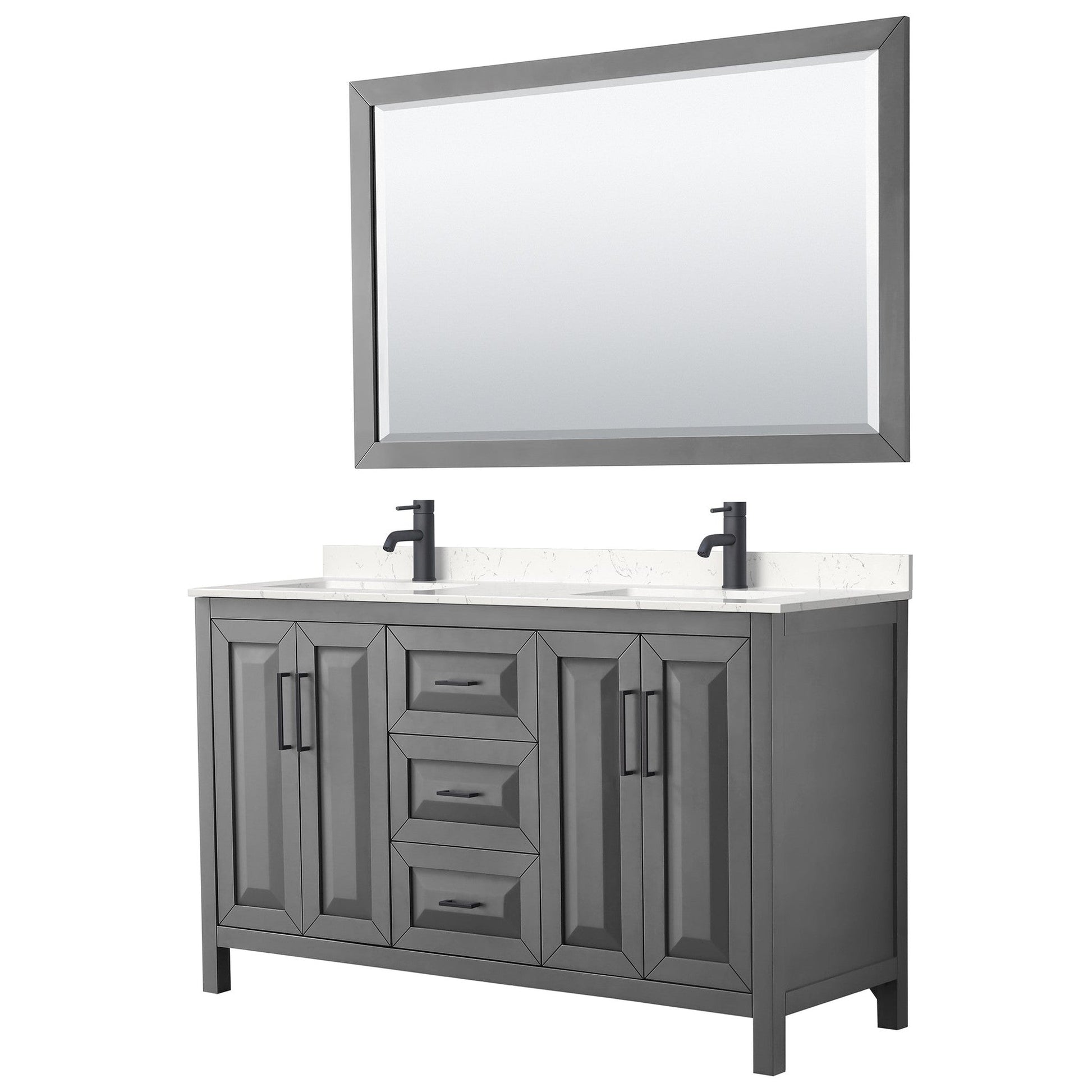 Wyndham Collection Daria 60" Double Bathroom Vanity in Dark Gray, Carrara Cultured Marble Countertop, Undermount Square Sinks, Matte Black Trim, 58" Mirror