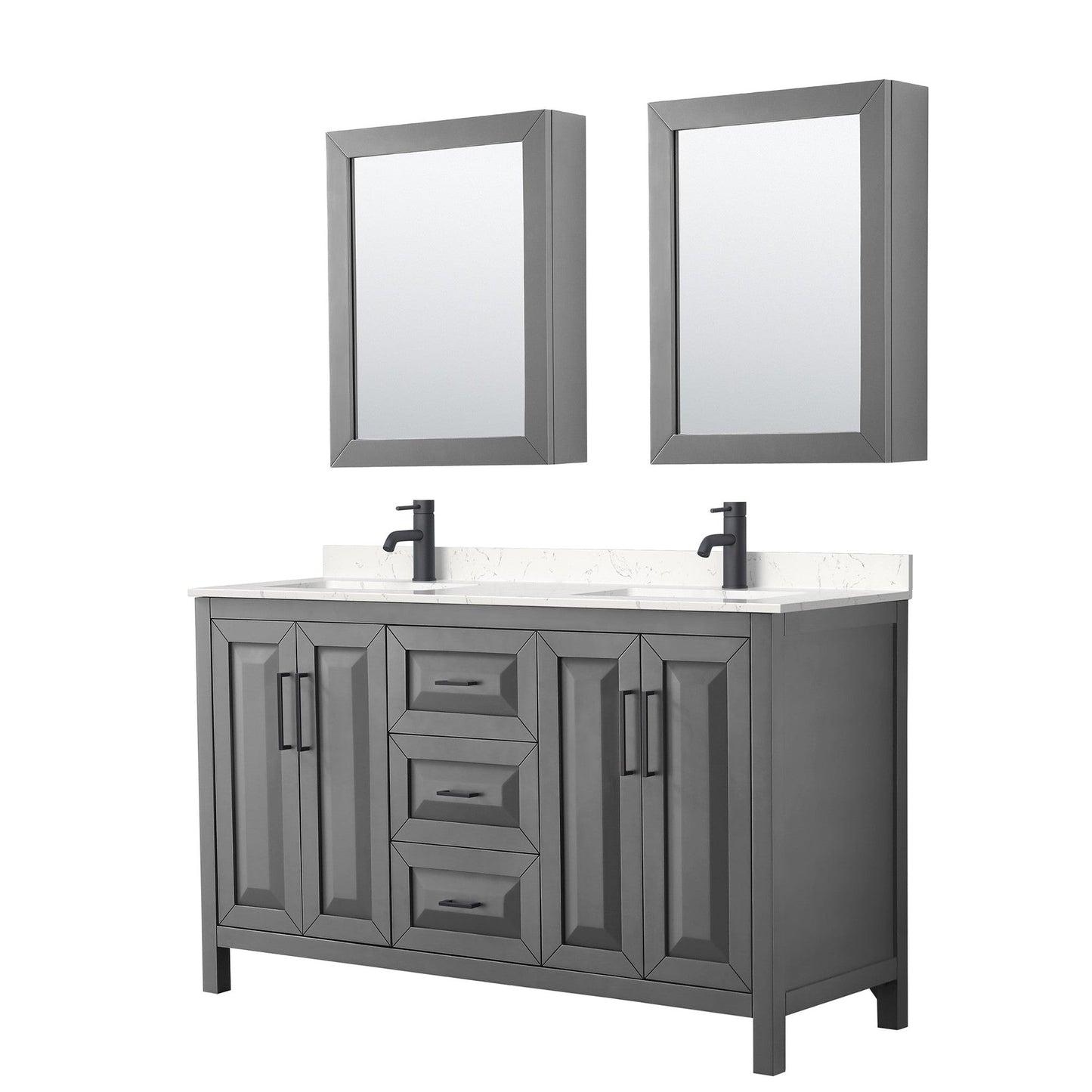 Wyndham Collection Daria 60" Double Bathroom Vanity in Dark Gray, Carrara Cultured Marble Countertop, Undermount Square Sinks, Matte Black Trim, Medicine Cabinets