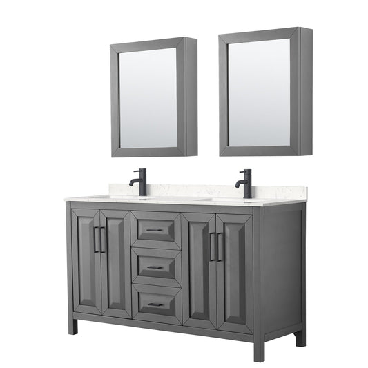 Wyndham Collection Daria 60" Double Bathroom Vanity in Dark Gray, Carrara Cultured Marble Countertop, Undermount Square Sinks, Matte Black Trim, Medicine Cabinets