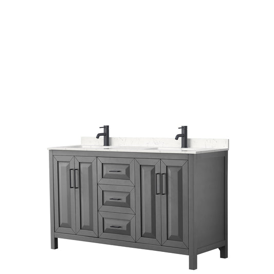 Wyndham Collection Daria 60" Double Bathroom Vanity in Dark Gray, Carrara Cultured Marble Countertop, Undermount Square Sinks, Matte Black Trim