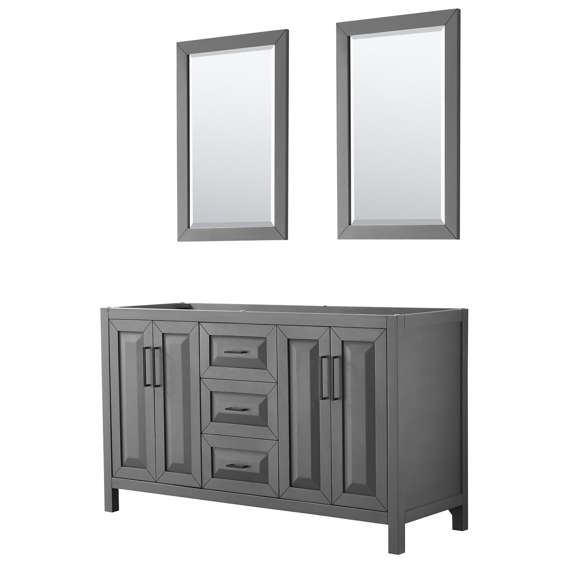 Wyndham Collection Daria 60" Double Bathroom Vanity in Dark Gray, No Countertop, No Sink, Matte Black Trim, 24" Mirrors