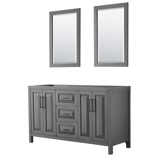 Wyndham Collection Daria 60" Double Bathroom Vanity in Dark Gray, No Countertop, No Sink, Matte Black Trim, 24" Mirrors