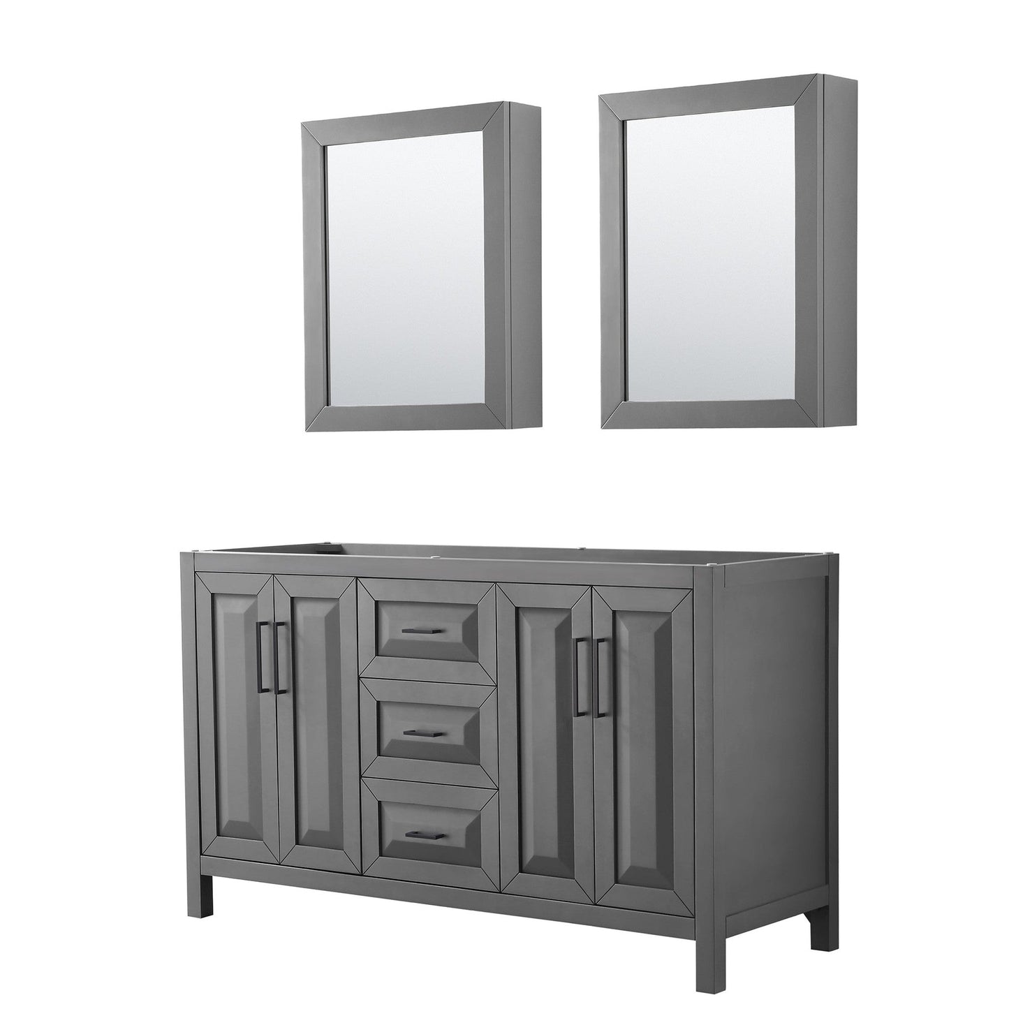 Wyndham Collection Daria 60" Double Bathroom Vanity in Dark Gray, No Countertop, No Sink, Matte Black Trim, Medicine Cabinets