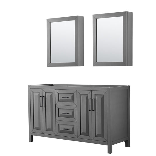 Wyndham Collection Daria 60" Double Bathroom Vanity in Dark Gray, No Countertop, No Sink, Matte Black Trim, Medicine Cabinets