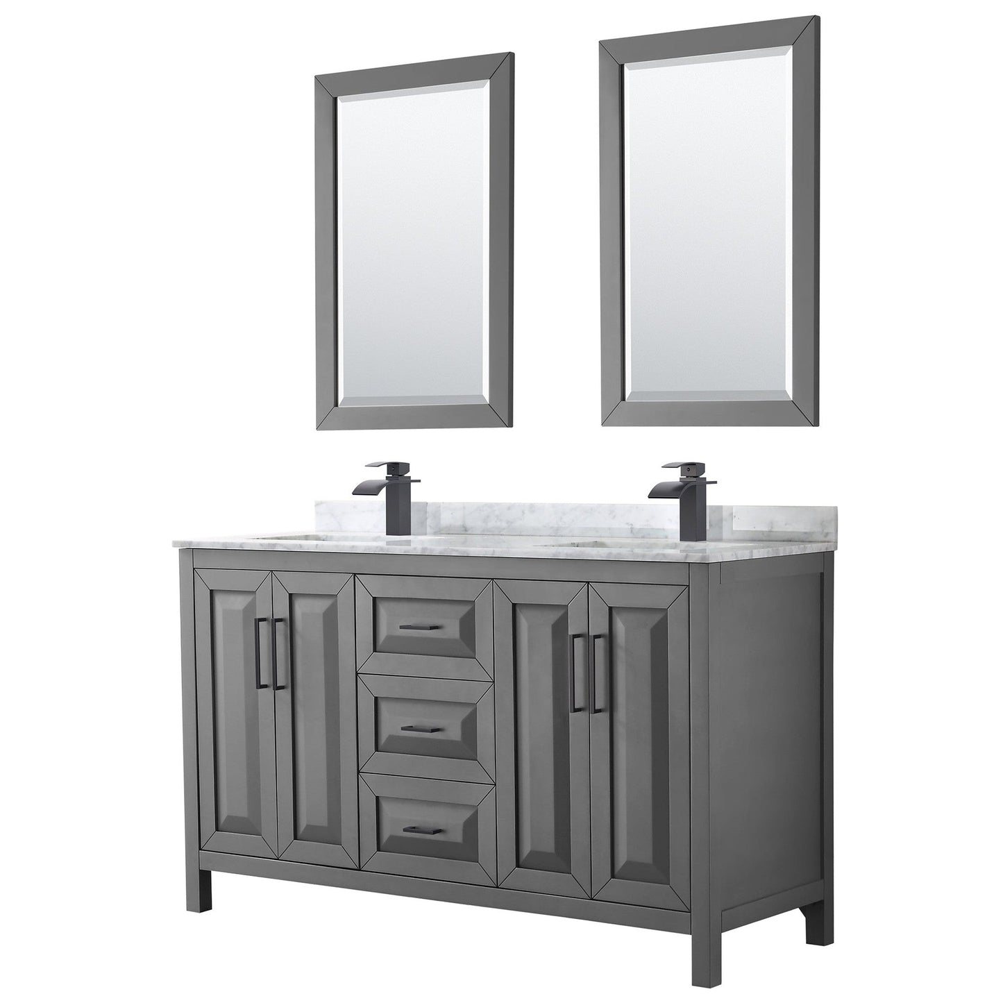 Wyndham Collection Daria 60" Double Bathroom Vanity in Dark Gray, White Carrara Marble Countertop, Undermount Square Sinks, Matte Black Trim, 24" Mirrors