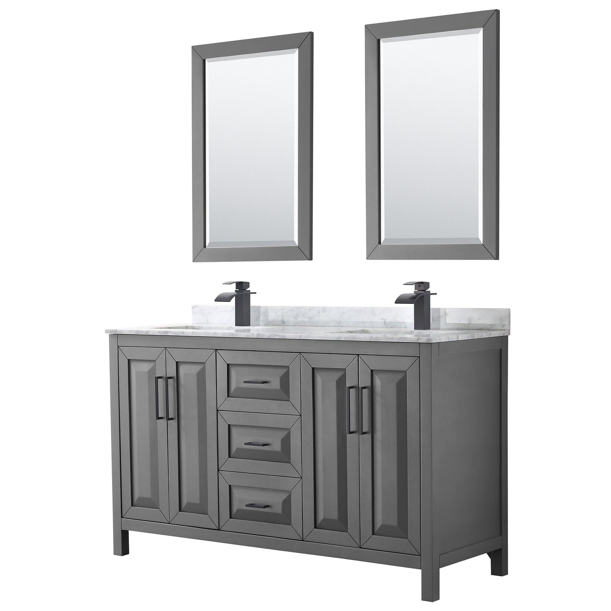 Wyndham Collection Daria 60" Double Bathroom Vanity in Dark Gray, White Carrara Marble Countertop, Undermount Square Sinks, Matte Black Trim, 24" Mirrors