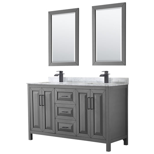 Wyndham Collection Daria 60" Double Bathroom Vanity in Dark Gray, White Carrara Marble Countertop, Undermount Square Sinks, Matte Black Trim, 24" Mirrors