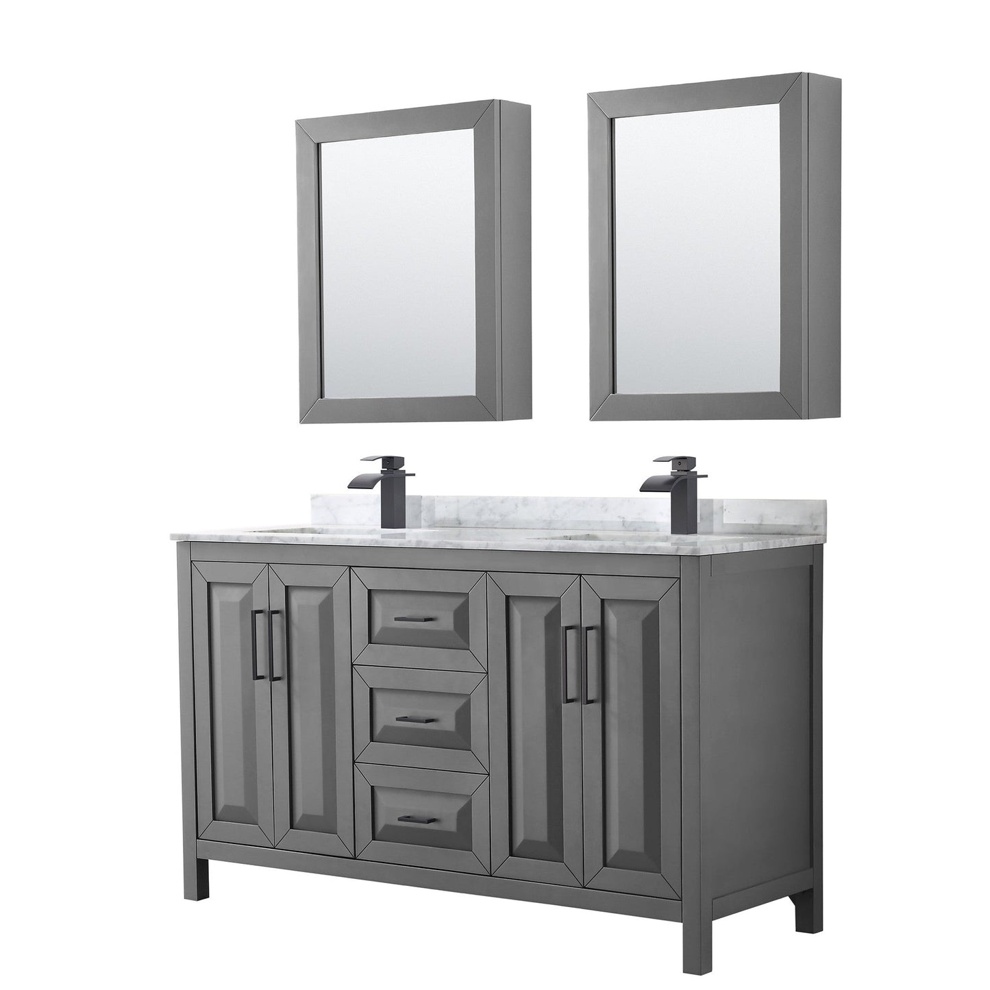 Wyndham Collection Daria 60" Double Bathroom Vanity in Dark Gray, White Carrara Marble Countertop, Undermount Square Sinks, Matte Black Trim, Medicine Cabinets