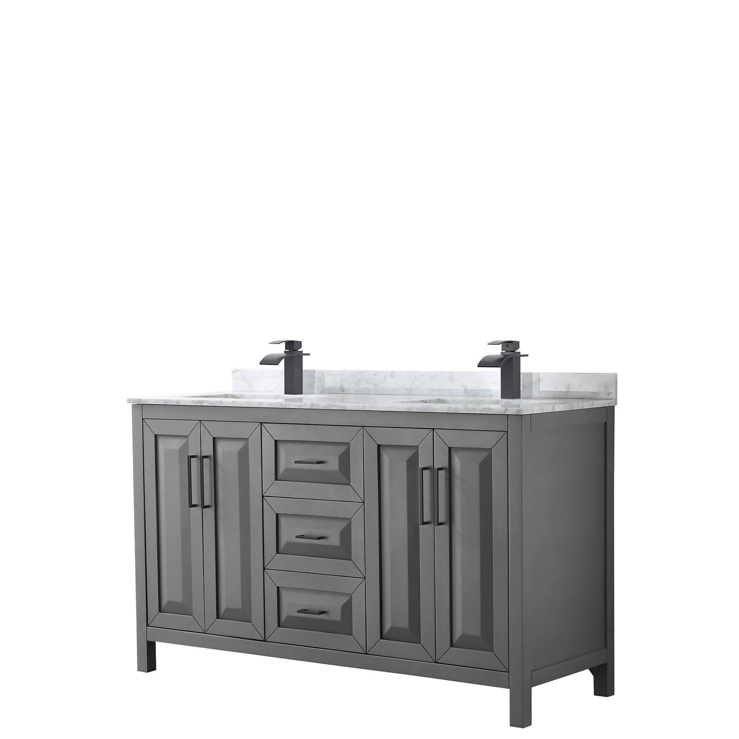Wyndham Collection Daria 60" Double Bathroom Vanity in Dark Gray, White Carrara Marble Countertop, Undermount Square Sinks, Matte Black Trim
