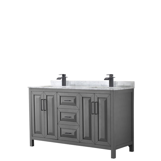 Wyndham Collection Daria 60" Double Bathroom Vanity in Dark Gray, White Carrara Marble Countertop, Undermount Square Sinks, Matte Black Trim