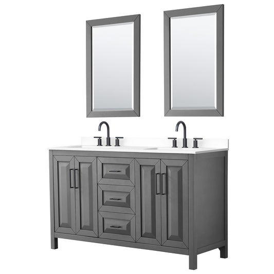 Wyndham Collection Daria 60" Double Bathroom Vanity in Dark Gray, White Cultured Marble Countertop, Undermount Square Sinks (3-Hole), Matte Black Trim, 24" Mirrors