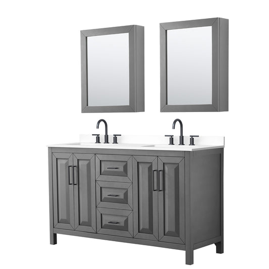 Wyndham Collection Daria 60" Double Bathroom Vanity in Dark Gray, White Cultured Marble Countertop, Undermount Square Sinks (3-Hole), Matte Black Trim, Medicine Cabinets