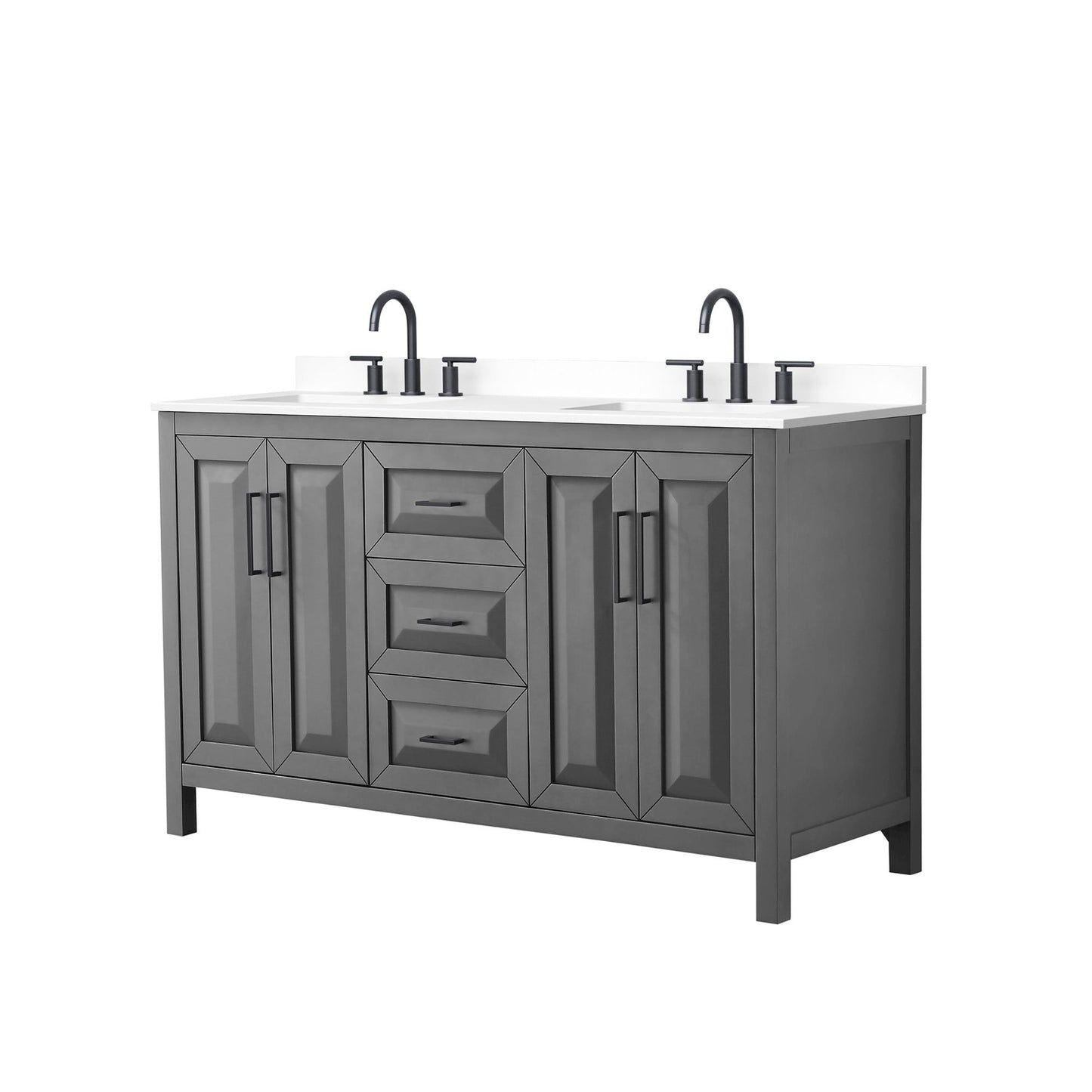 Wyndham Collection Daria 60" Double Bathroom Vanity in Dark Gray, White Cultured Marble Countertop, Undermount Square Sinks (3-Hole), Matte Black Trim