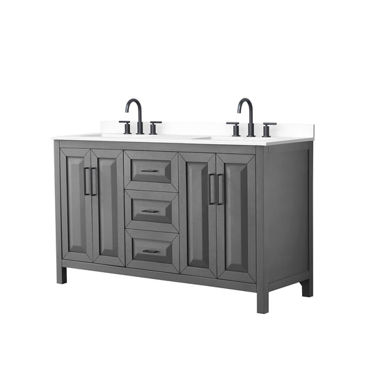 Wyndham Collection Daria 60" Double Bathroom Vanity in Dark Gray, White Cultured Marble Countertop, Undermount Square Sinks (3-Hole), Matte Black Trim