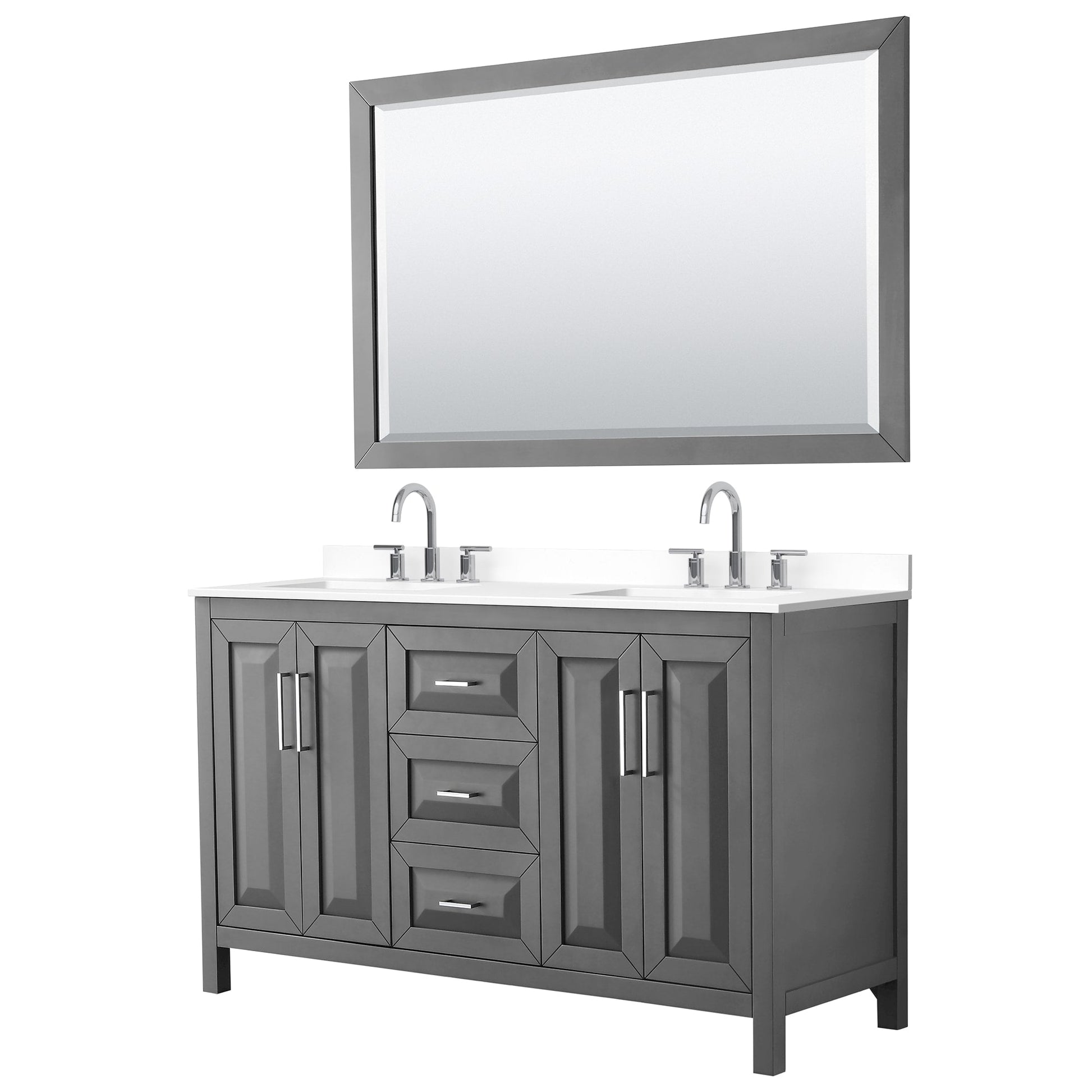 Wyndham Collection Daria 60" Double Bathroom Vanity in Dark Gray, White Cultured Marble Countertop, Undermount Square Sinks (3-Hole), Polished Chrome Trim, 58" Mirror