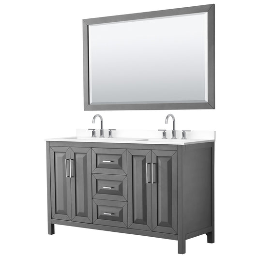 Wyndham Collection Daria 60" Double Bathroom Vanity in Dark Gray, White Cultured Marble Countertop, Undermount Square Sinks (3-Hole), Polished Chrome Trim, 58" Mirror