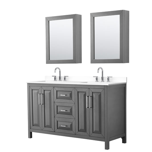 Wyndham Collection Daria 60" Double Bathroom Vanity in Dark Gray, White Cultured Marble Countertop, Undermount Square Sinks (3-Hole), Polished Chrome Trim, Medicine Cabinets
