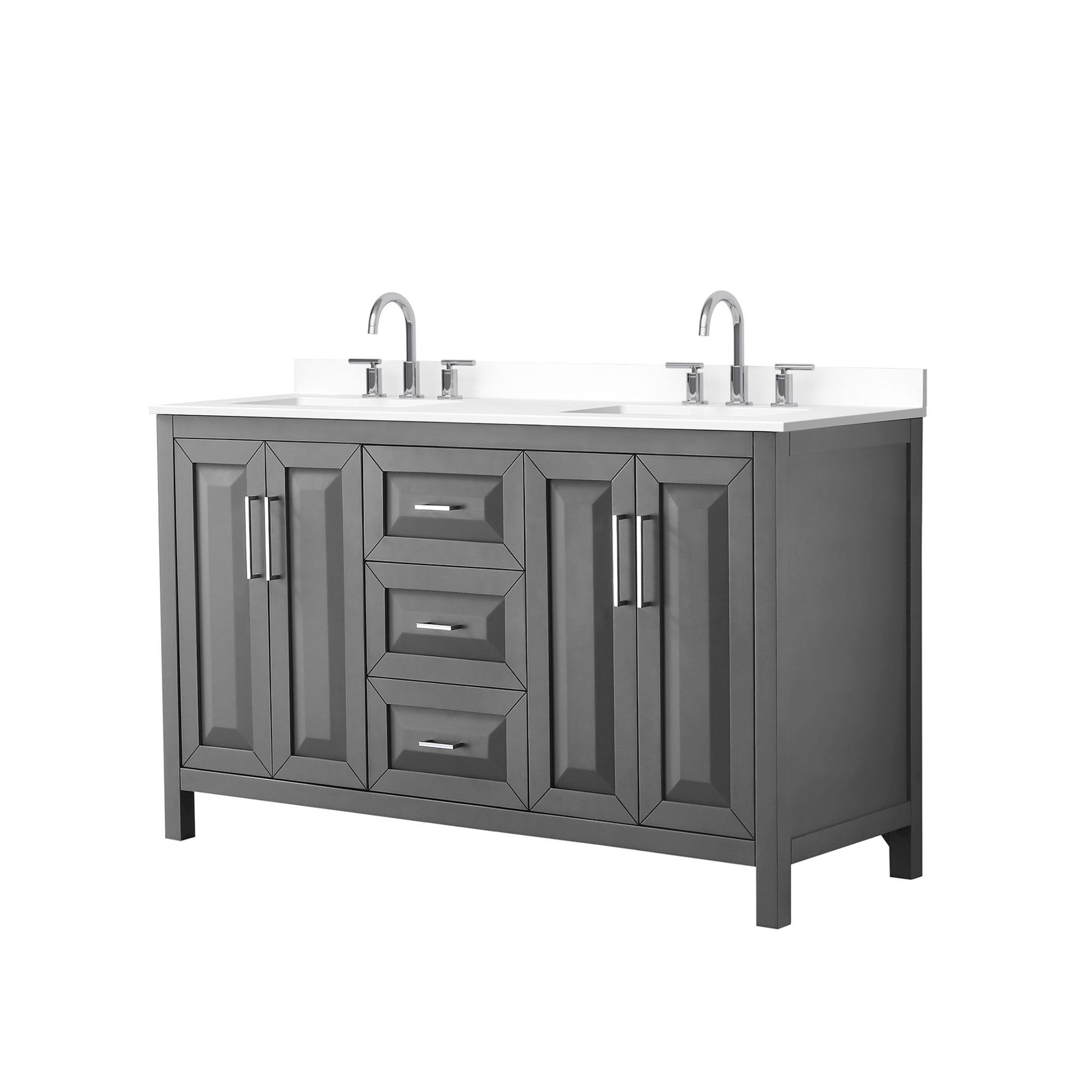 Wyndham Collection Daria 60" Double Bathroom Vanity in Dark Gray, White Cultured Marble Countertop, Undermount Square Sinks (3-Hole), Polished Chrome Trim
