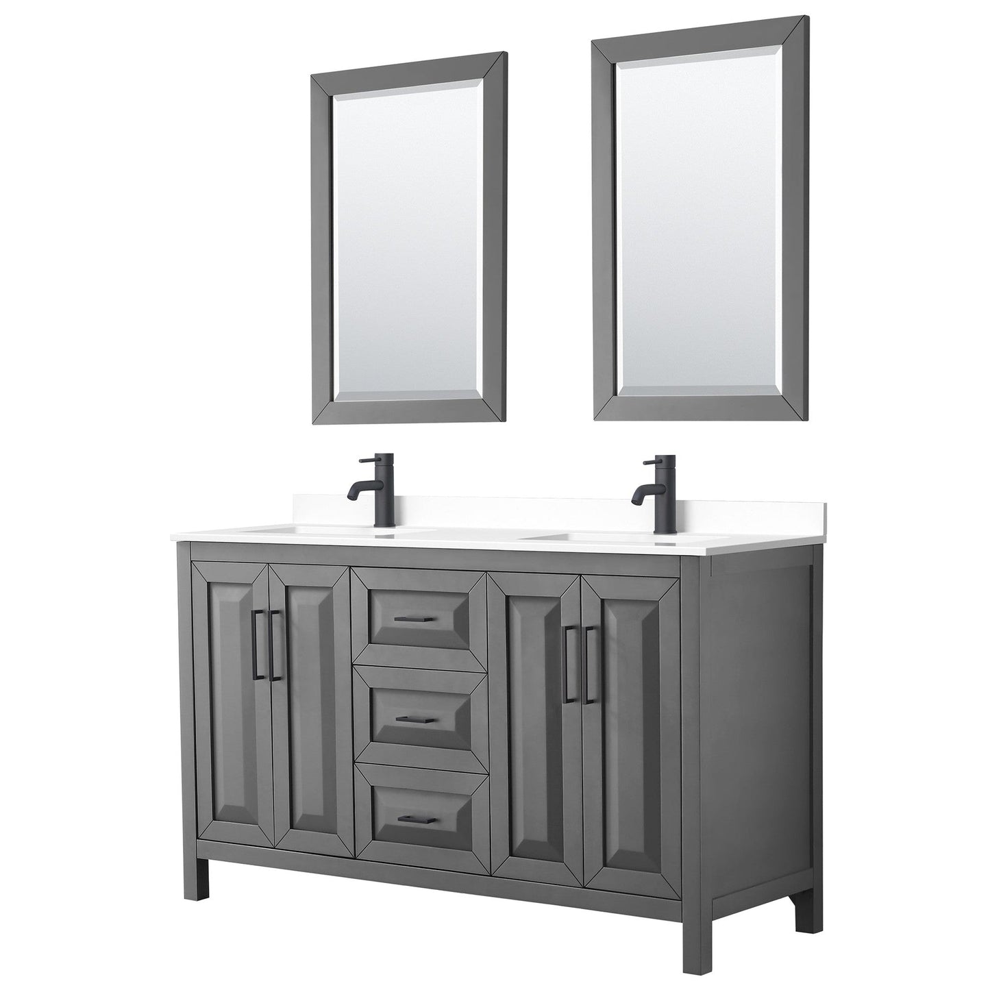 Wyndham Collection Daria 60" Double Bathroom Vanity in Dark Gray, White Cultured Marble Countertop, Undermount Square Sinks, Matte Black Trim, 24" Mirrors