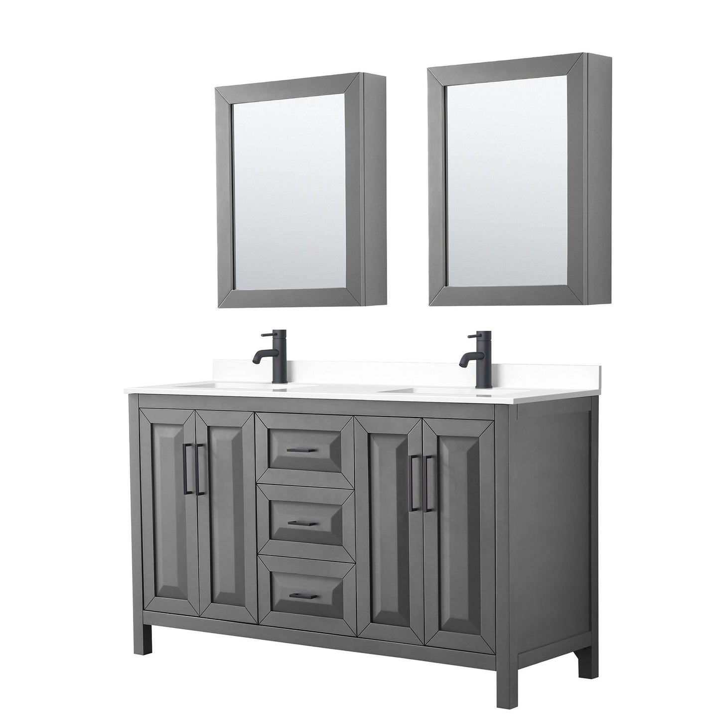 Wyndham Collection Daria 60" Double Bathroom Vanity in Dark Gray, White Cultured Marble Countertop, Undermount Square Sinks, Matte Black Trim, Medicine Cabinets