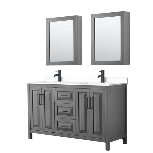 Wyndham Collection Daria 60" Double Bathroom Vanity in Dark Gray, White Cultured Marble Countertop, Undermount Square Sinks, Matte Black Trim, Medicine Cabinets