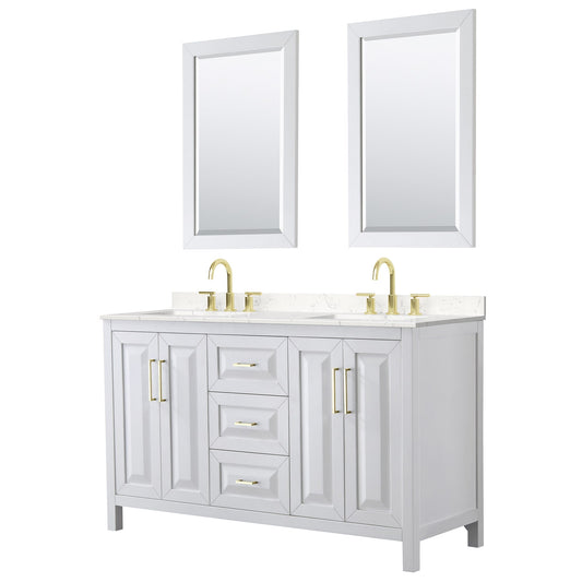 Wyndham Collection Daria 60" Double Bathroom Vanity in White, Carrara Cultured Marble Countertop, Undermount Square Sinks (3-Hole), 24" Mirrors, Brushed Gold Trim