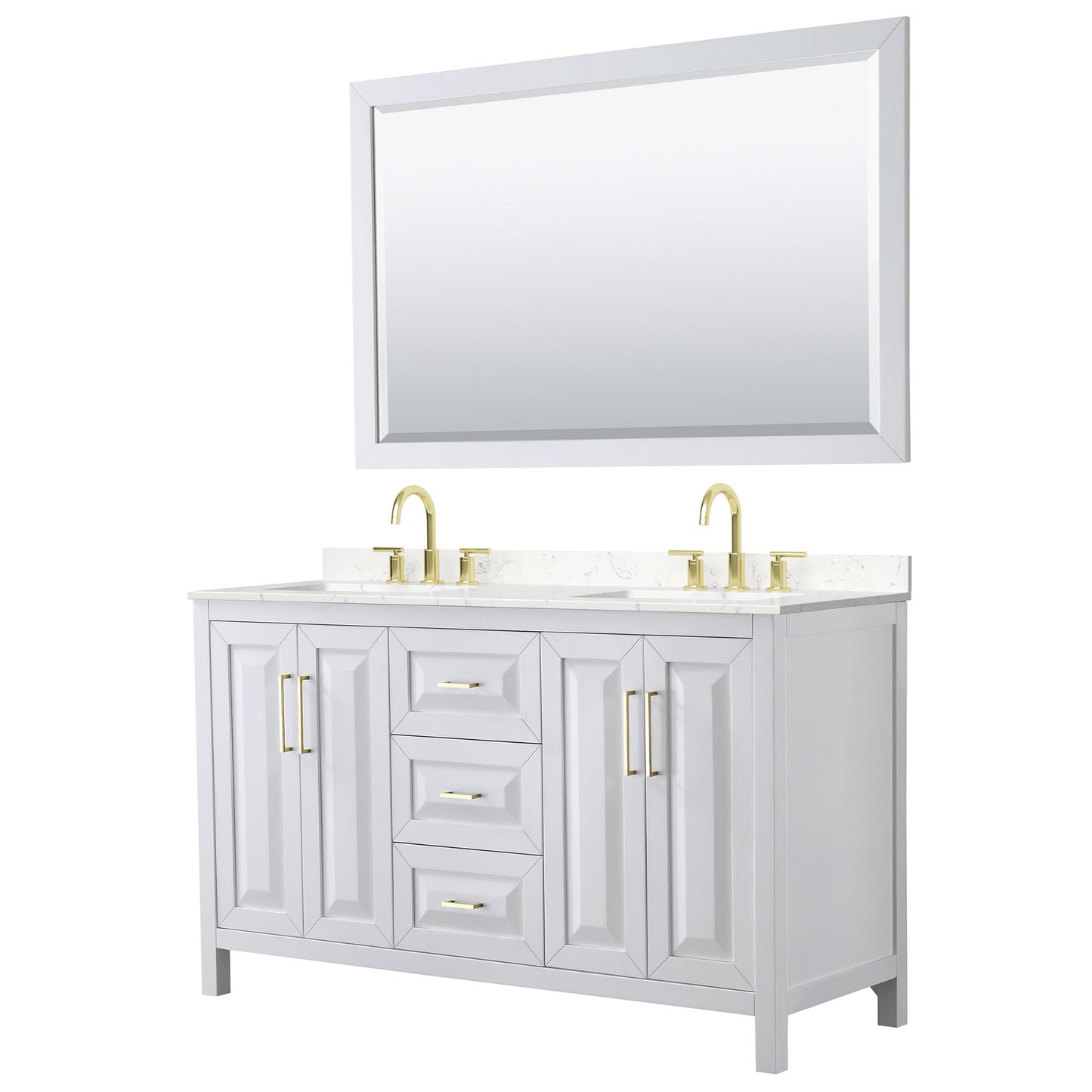 Wyndham Collection Daria 60" Double Bathroom Vanity in White, Carrara Cultured Marble Countertop, Undermount Square Sinks (3-Hole), 58" Mirror, Brushed Gold Trim