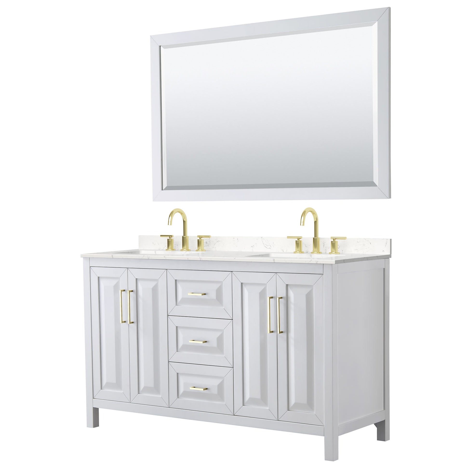 Wyndham Collection Daria 60" Double Bathroom Vanity in White, Carrara Cultured Marble Countertop, Undermount Square Sinks (3-Hole), 58" Mirror, Brushed Gold Trim