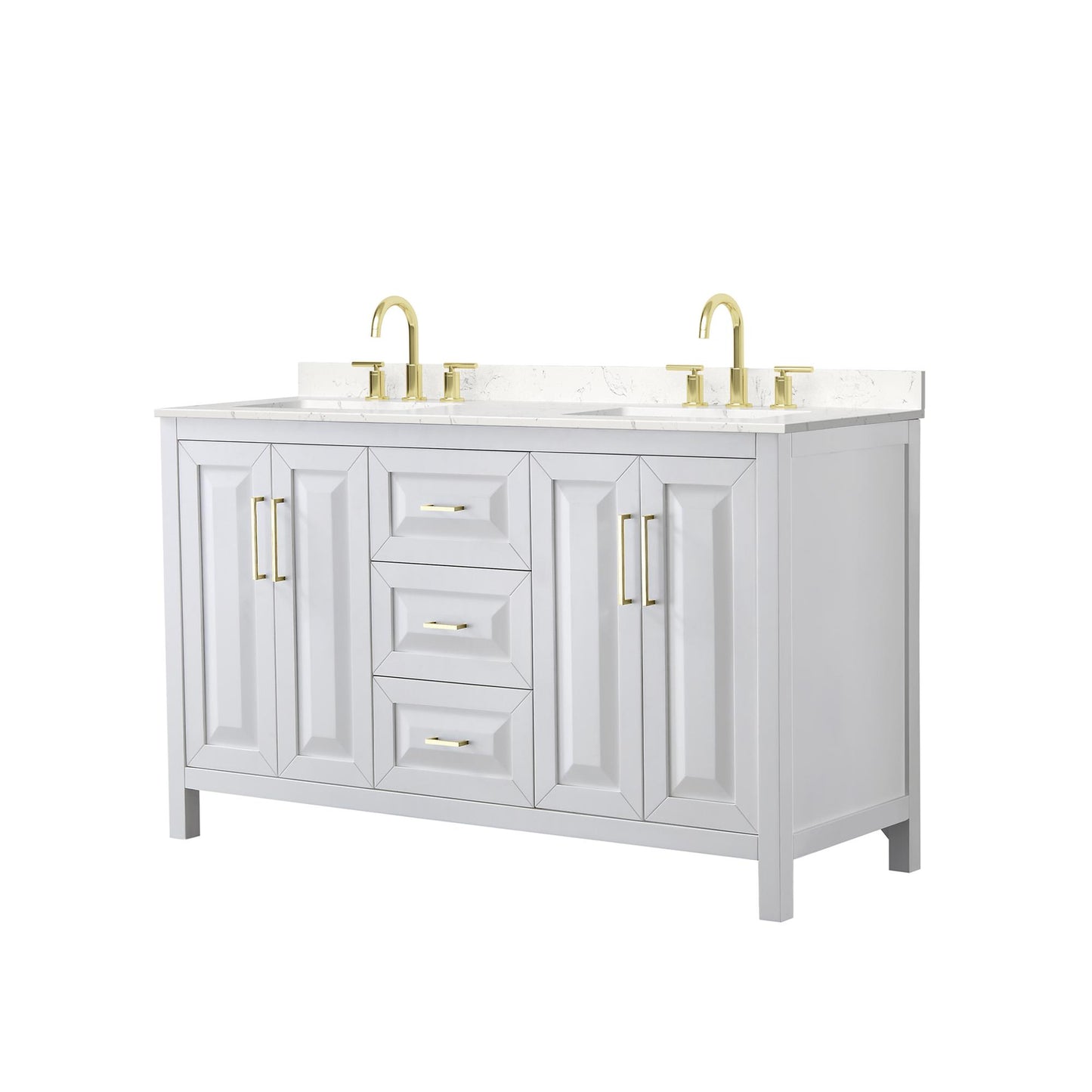 Wyndham Collection Daria 60" Double Bathroom Vanity in White, Carrara Cultured Marble Countertop, Undermount Square Sinks (3-Hole), Brushed Gold Trim