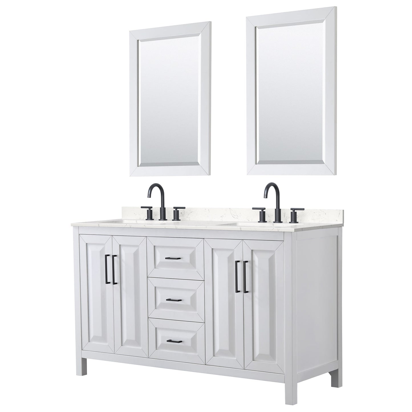 Wyndham Collection Daria 60" Double Bathroom Vanity in White, Carrara Cultured Marble Countertop, Undermount Square Sinks (3-Hole), Matte Black Trim, 24" Mirrors