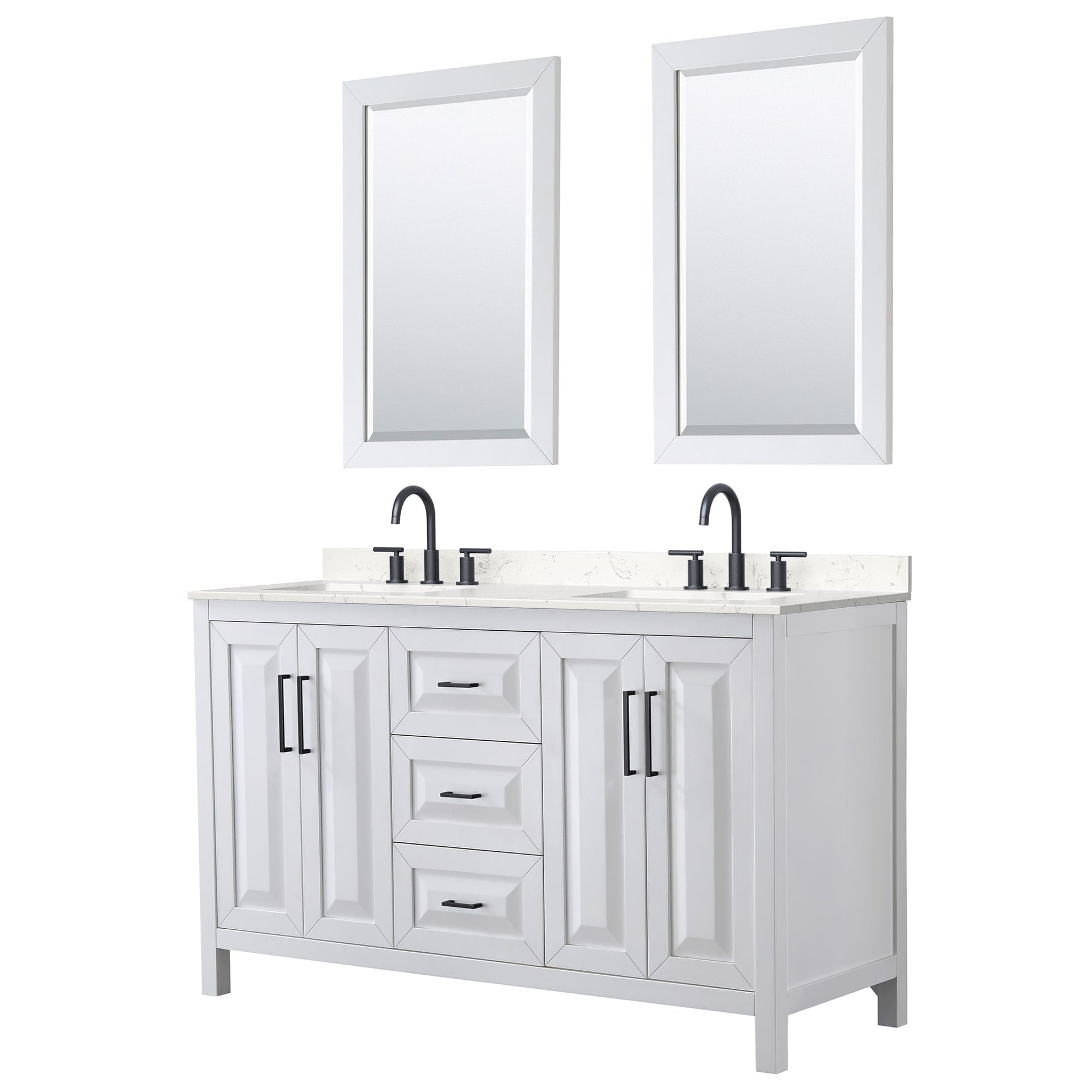 Wyndham Collection Daria 60" Double Bathroom Vanity in White, Carrara Cultured Marble Countertop, Undermount Square Sinks (3-Hole), Matte Black Trim, 24" Mirrors
