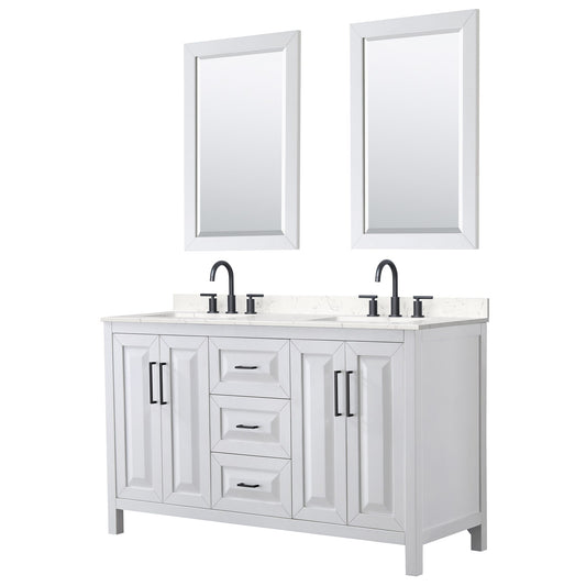 Wyndham Collection Daria 60" Double Bathroom Vanity in White, Carrara Cultured Marble Countertop, Undermount Square Sinks (3-Hole), Matte Black Trim, 24" Mirrors