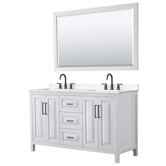 Wyndham Collection Daria 60" Double Bathroom Vanity in White, Carrara Cultured Marble Countertop, Undermount Square Sinks (3-Hole), Matte Black Trim, 58" Mirror