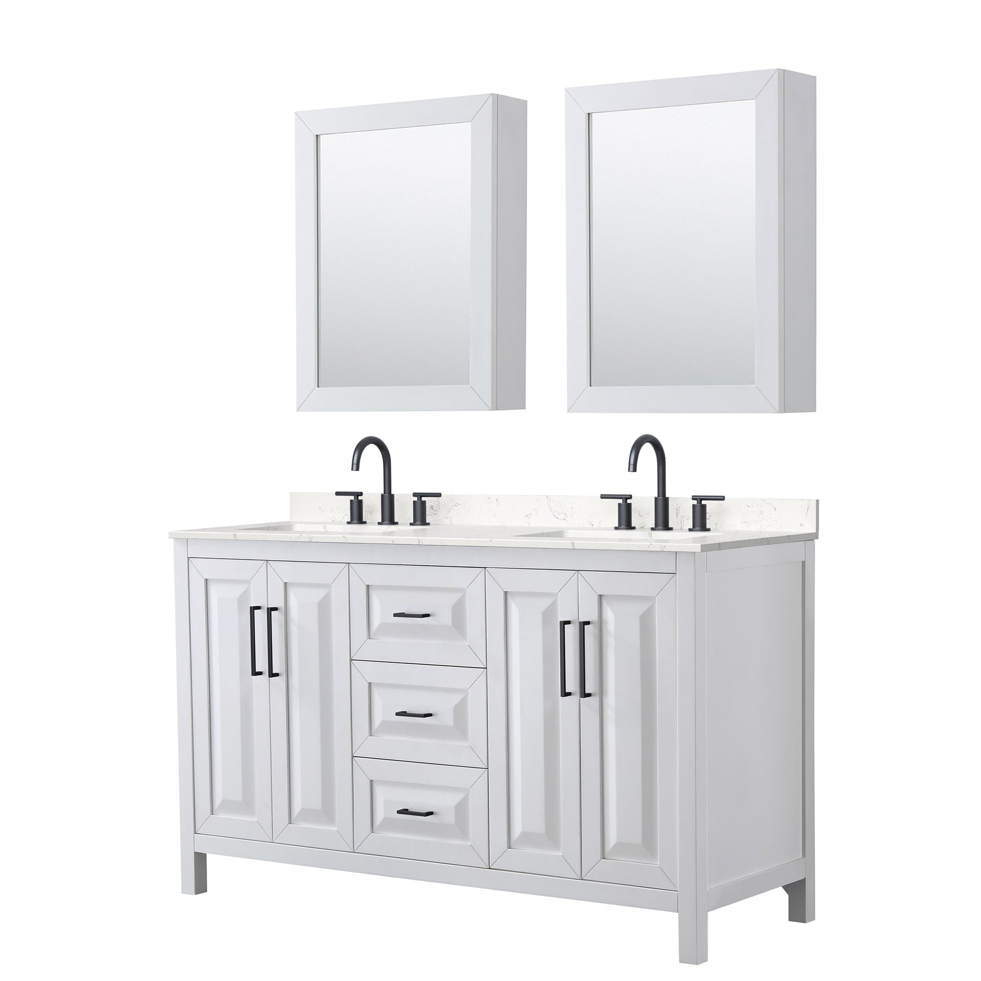 Wyndham Collection Daria 60" Double Bathroom Vanity in White, Carrara Cultured Marble Countertop, Undermount Square Sinks (3-Hole), Matte Black Trim, Medicine Cabinets